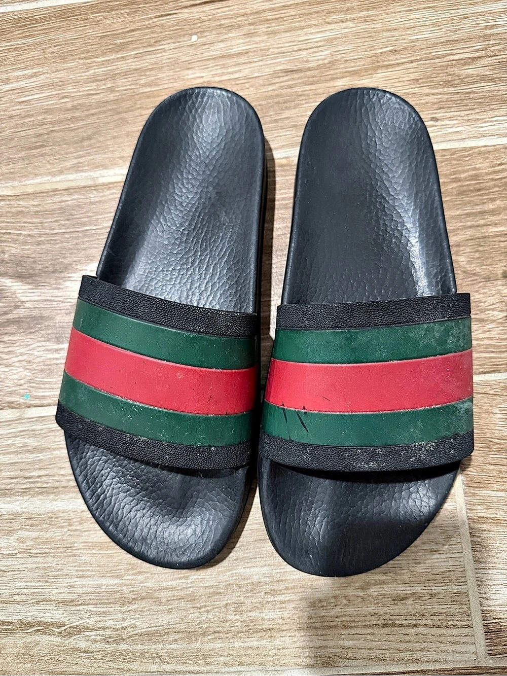Gucci Web Rubber Slide Sandal Green & Red Stripe Slides USED! WORN!